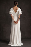 A Line Ruffled White V Neck Short Sleeves Ruched Long Wedding Dress with Slit