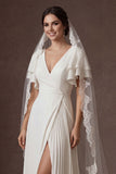 A Line Ruffled White V Neck Short Sleeves Ruched Long Wedding Dress with Slit