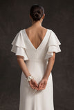 A Line Ruffled White V Neck Short Sleeves Ruched Long Wedding Dress with Slit
