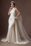 Mermaid White Halter Neck Ruched Beaded Long Wedding Dress