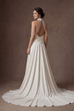Mermaid White Halter Neck Ruched Beaded Long Wedding Dress