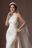 Mermaid White Halter Neck Ruched Beaded Long Wedding Dress