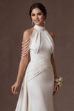 Mermaid White Halter Neck Ruched Beaded Long Wedding Dress
