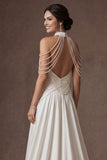 Mermaid White Halter Neck Ruched Beaded Long Wedding Dress