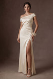 Sheath White Ruched One Shoulder Satin Long Bridal Dress