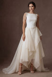 Sheath A Line Ruffled Round Neck Sleeveless High Low Wedding Dress