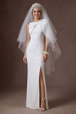 White Satin Sheath Round Neck Ruched Long Bridal Dress with Slit