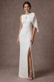 White Satin Sheath Round Neck Ruched Long Bridal Dress with Slit