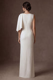 White Satin Sheath Round Neck Ruched Long Bridal Dress with Slit