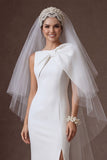White Satin Sheath Round Neck Ruched Long Bridal Dress with Slit