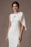 White Satin Sheath Round Neck Ruched Long Bridal Dress with Slit
