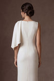 White Satin Sheath Round Neck Ruched Long Bridal Dress with Slit
