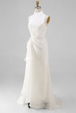 White A Line High Neck Ruffled Sleeveless Long Bridal Dress