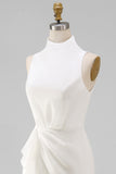 White A Line High Neck Ruffled Sleeveless Long Bridal Dress