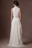 White A Line High Neck Ruffled Sleeveless Long Bridal Dress