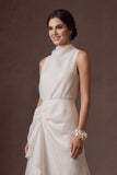 White A Line High Neck Ruffled Sleeveless Long Bridal Dress