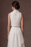 White A Line High Neck Ruffled Sleeveless Long Bridal Dress