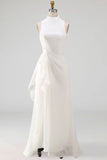 White A Line High Neck Ruffled Sleeveless Long Bridal Dress