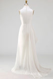 White A Line High Neck Ruffled Sleeveless Long Bridal Dress