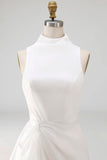 White A Line High Neck Ruffled Sleeveless Long Bridal Dress