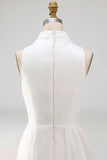 White A Line High Neck Ruffled Sleeveless Long Bridal Dress