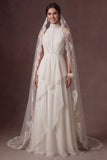 White High Neck A Line Ruffled Long Wedding Dress
