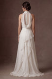 White High Neck A Line Ruffled Long Wedding Dress