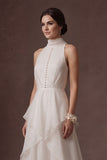 White High Neck A Line Ruffled Long Wedding Dress