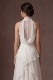 White High Neck A Line Ruffled Long Wedding Dress