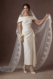 Satin White Off the Shoulder Sheath Ruched Midi Bridal Dress