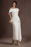 Satin White Off the Shoulder Sheath Ruched Midi Bridal Dress
