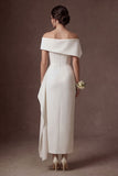 Satin White Off the Shoulder Sheath Ruched Midi Bridal Dress