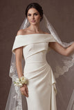Satin White Off the Shoulder Sheath Ruched Midi Bridal Dress