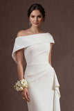 Satin White Off the Shoulder Sheath Ruched Midi Bridal Dress