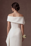 Satin White Off the Shoulder Sheath Ruched Midi Bridal Dress