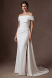 Mermaid White Satin Off the Shoulder Ruched Long Wedding Dress with Slit