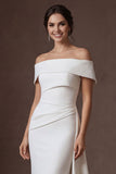 Mermaid White Satin Off the Shoulder Ruched Long Wedding Dress with Slit