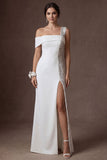 Sparkly Sequined White Sheath Strapless Long Wedding Dress with Slit