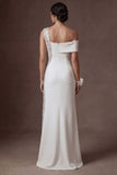 Sparkly Sequined White Sheath Strapless Long Wedding Dress with Slit