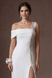 Sparkly Sequined White Sheath Strapless Long Wedding Dress with Slit