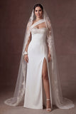 White Beaded Sheath Strapless Backless Sleeveless Long Bridal Dress with Slit