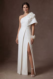 Floral One Shoulder White Satin Sheath Long Wedding Dress with Slit
