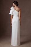 Floral One Shoulder White Satin Sheath Long Wedding Dress with Slit