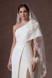 Floral One Shoulder White Satin Sheath Long Wedding Dress with Slit