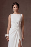 White A Line Round Neck Ruched Sleeveless Long Bridal Dress with Slit