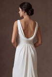 White A Line Round Neck Ruched Sleeveless Long Bridal Dress with Slit