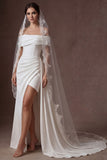 Satin White Off the Shoulder Mermaid Ruched Long Bridal Dress with Slit