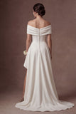 Satin White Off the Shoulder Mermaid Ruched Long Bridal Dress with Slit
