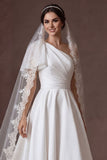 High Low White One Shoulder Ruched Satin Wedding Dress
