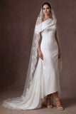 Satin White Sheath Ruffled One Shoulder Ruched Long Wedding Dress with Cape